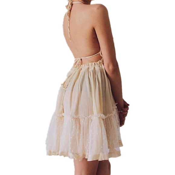 ForeMode Beige Plunge V-Neck Backless Halter Mini Babydoll Boho Dress Size XL - Picture 6 of 11